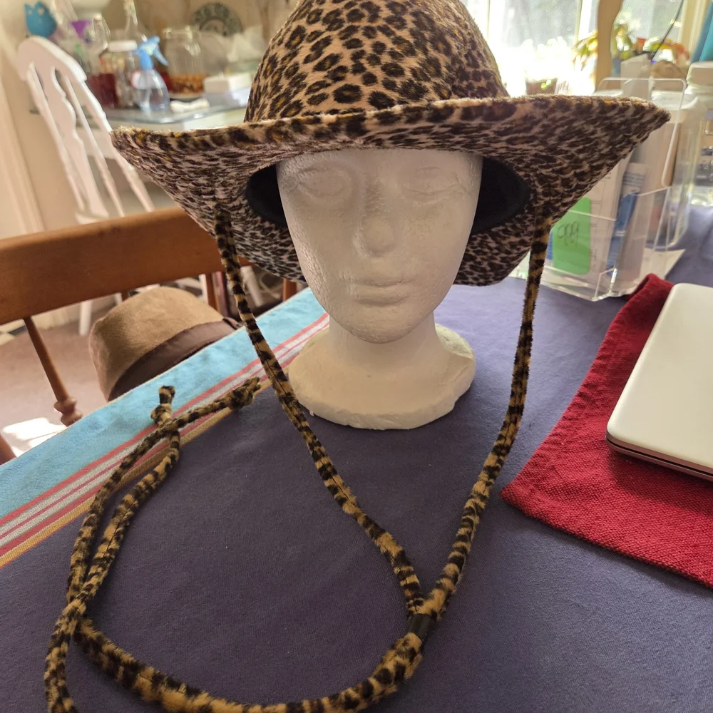 Wide Brim Leopard Print Hat with Secure Chin Strap Earthy Fall Colors